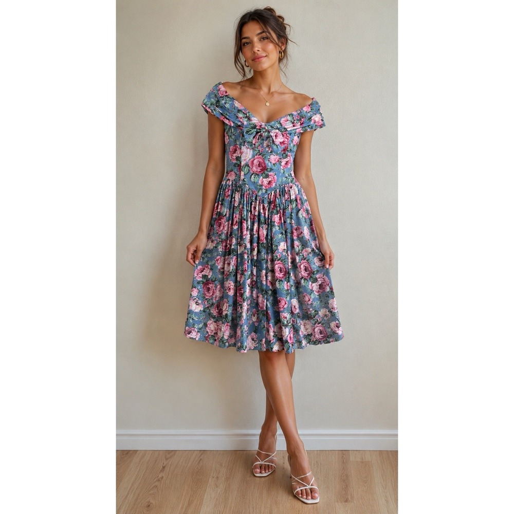 90's Vtg Cotton Romantic Floral Dress Cottage Core V Waist Off The Shoulder M?‎
